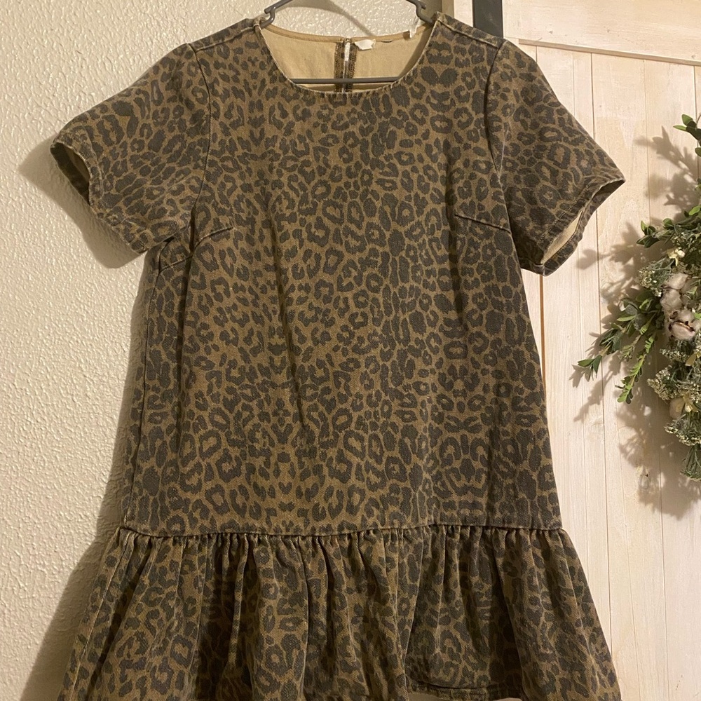 Denim Leopard Print Dress with Ruffle Hem